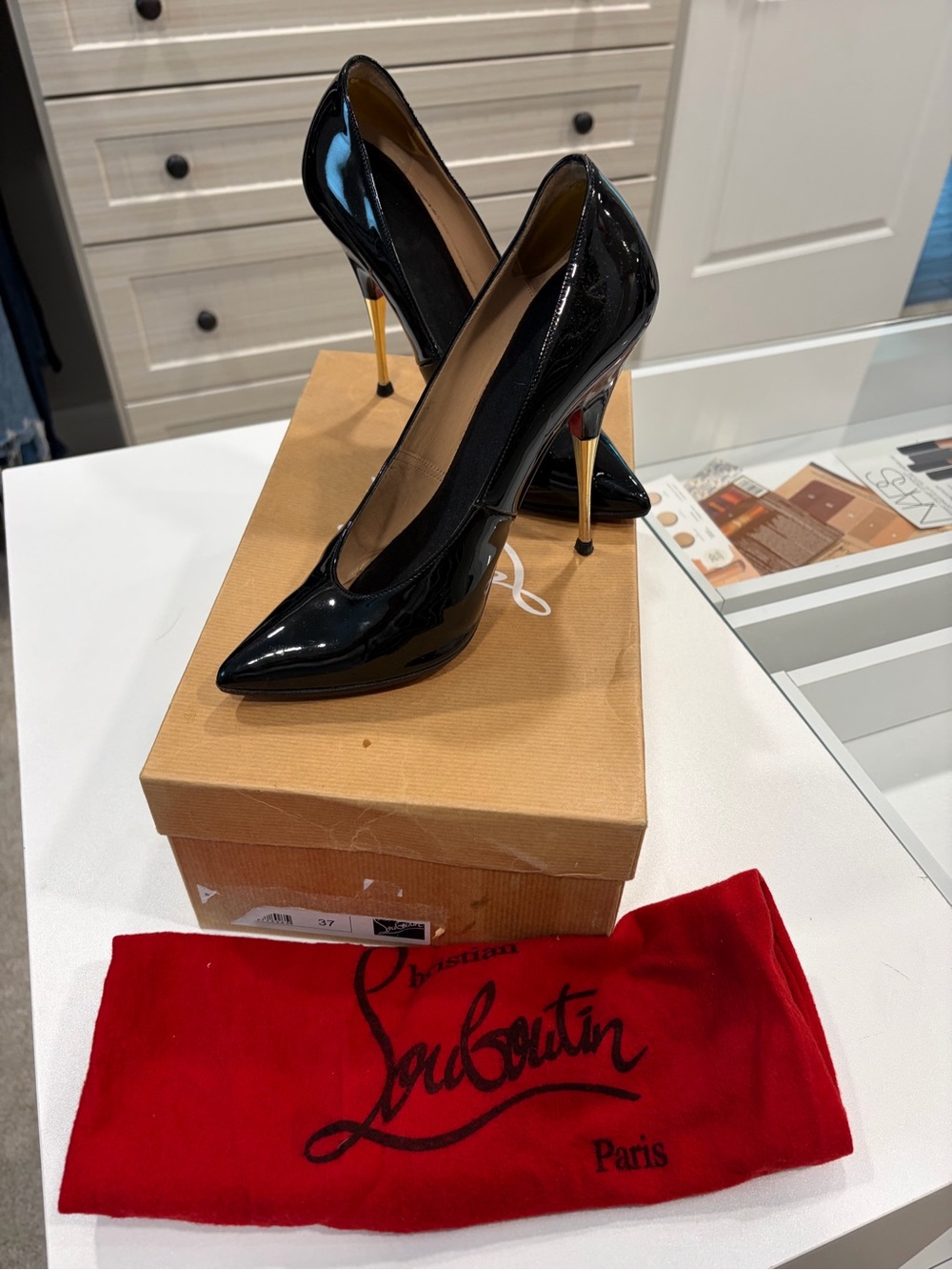 Authentic Christian Louboutin Black Patent Leather Pumps with Gold Heels